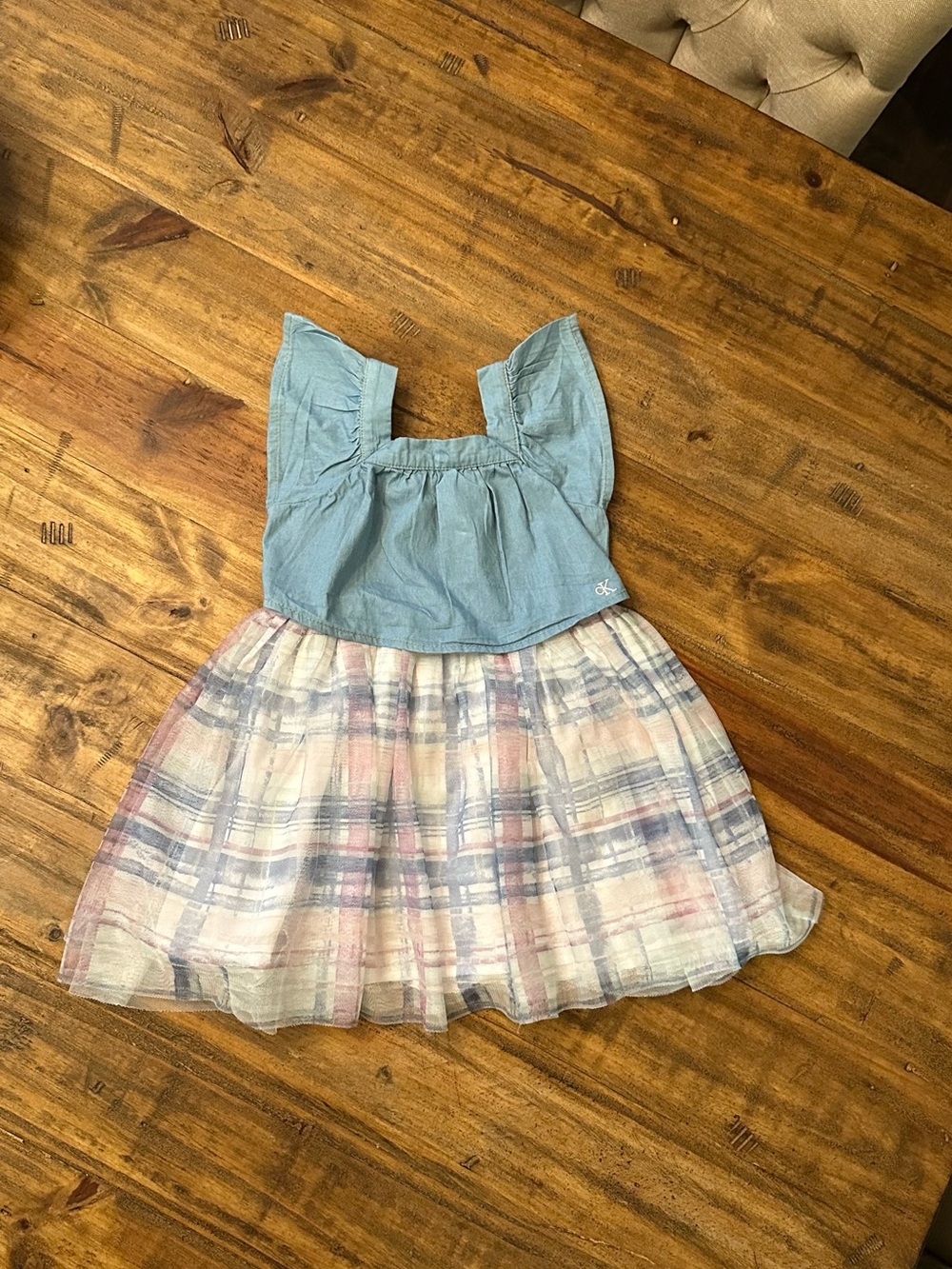 Calvin Klein Jeans Girls Blue Top with Pastel Plaid Skirt Dress